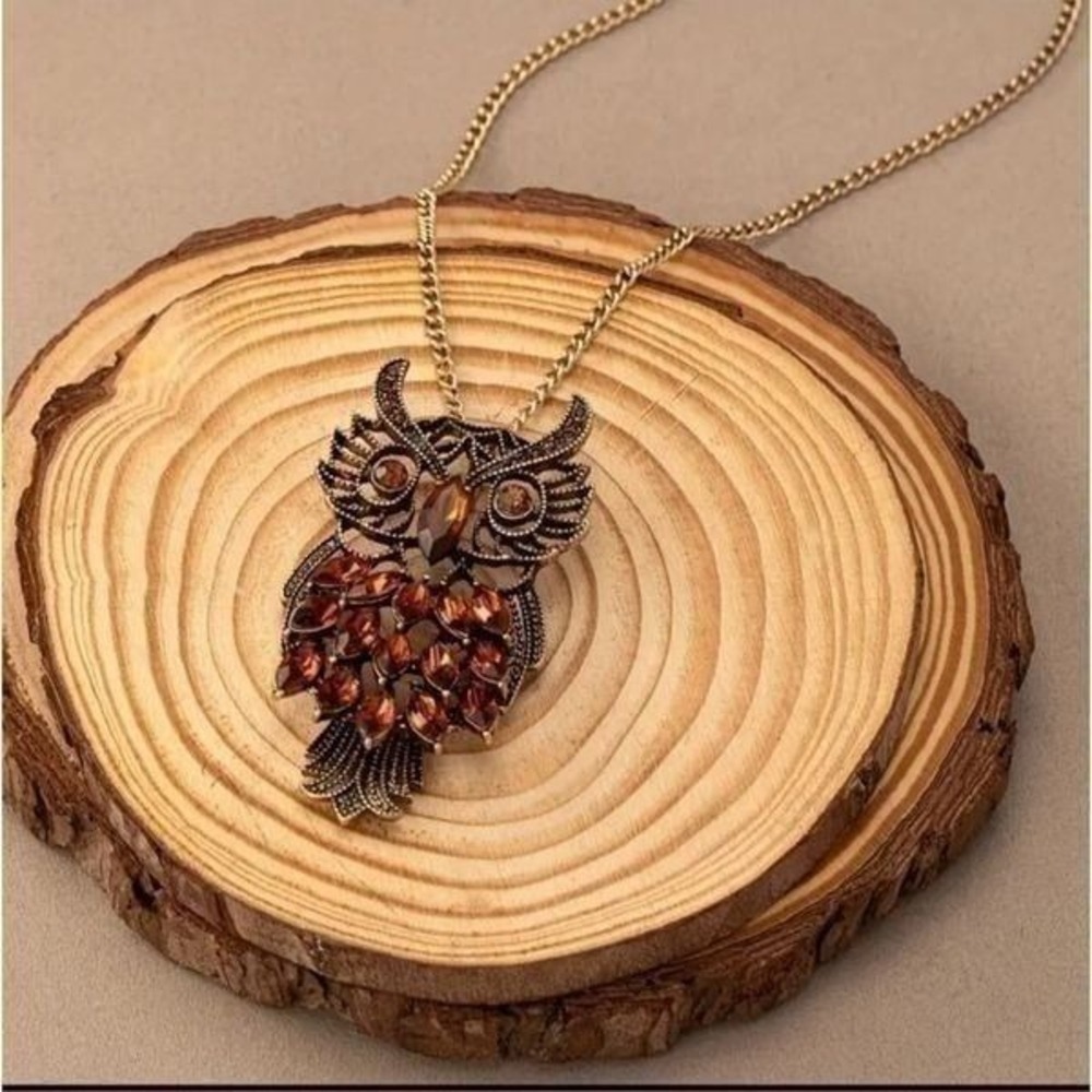 Vintage Style Boho Owl Necklace Long Chain Amber Rhinestone Pendant Jewelry Gift - Picture 2 of 12